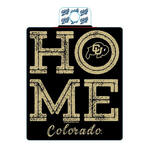 A sticker featuring "HOME" with the Colorado Buffalo logo in the "O" and "Colorado" underneath. Printed in Vegas Gold on a black background.